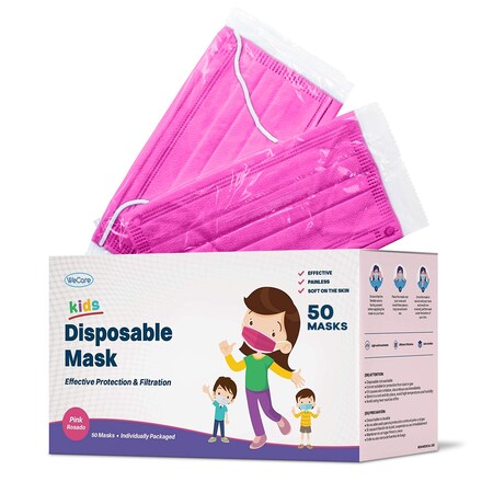 Wecare Individually Wrapped Disposable Kids Face Masks, Pink, 50PK WC-WMN100011-KIDS-FACE-MASK-PK-50PK-1